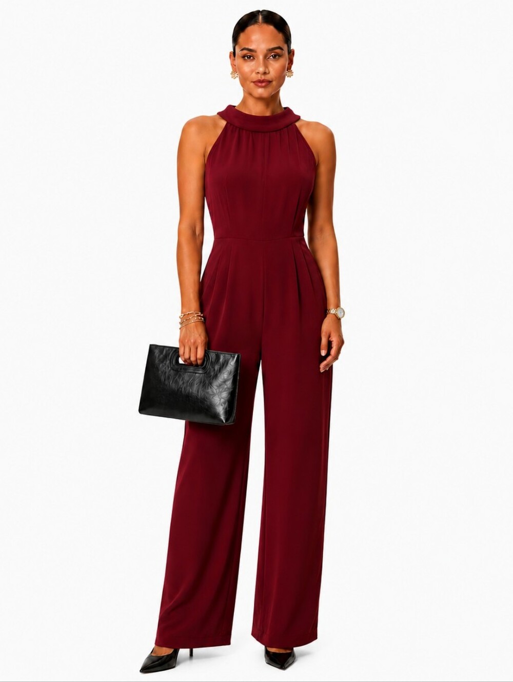 Bar III Women's Halter Wide Leg Jumpsuit Cherry Pie Burgundy, Size L.